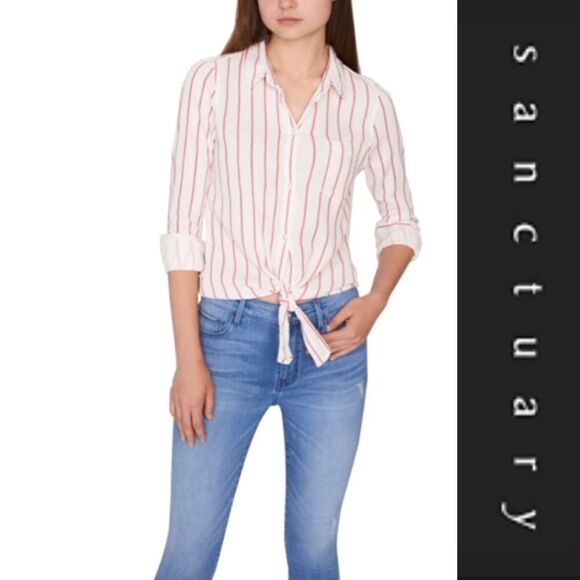 Sanctuary Striped Button Down Tie Front Blouse - Picture 1 of 7